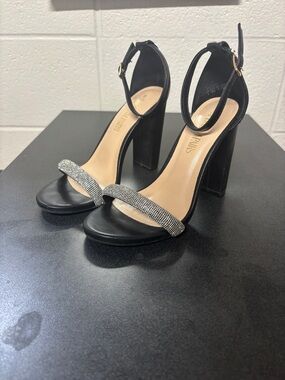 DREAM PAIRS Black Block Heels with Rhinestones